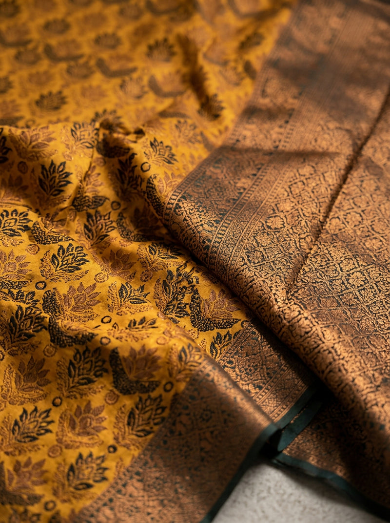 Antique Golden & Bottle Green Jacquard Woven Saree with Rich Copper Zari Border & Pallu