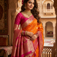 Radiant Mango Orange Art Silk Banarasi Saree with Pink Contrast Border & Blouse Piece