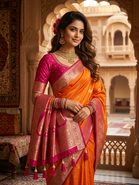 Radiant Mango Orange Art Silk Banarasi Saree with Pink Contrast Border & Blouse Piece