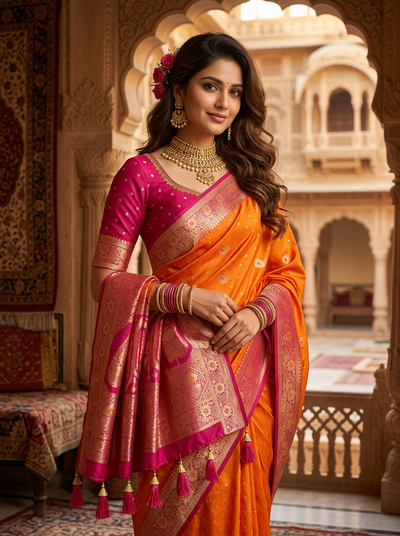 Orange Art Silk Banarasi Saree with Pink Contrast Border & Blouse Piece