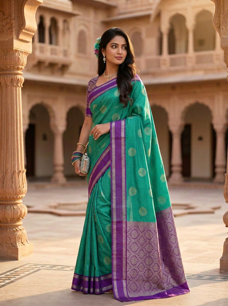 The Emerald Green & Violet Banarasi Saree
