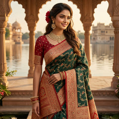 Majestic Bottle Green Banarasi Silk Saree with Crimson Red Contrast Border & Blouse Piece