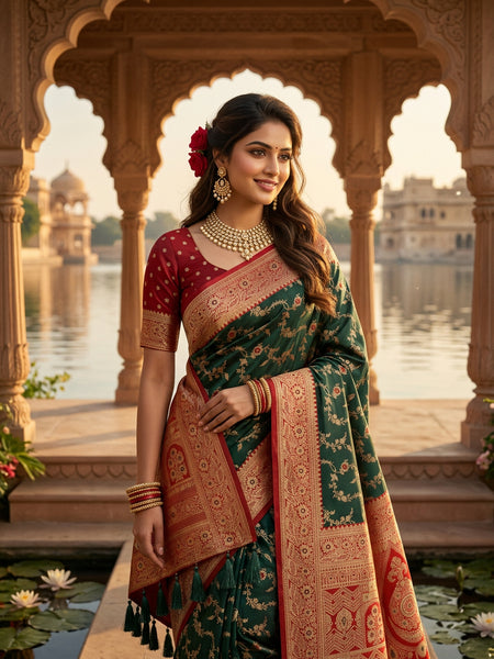 Majestic Bottle Green Banarasi Silk Saree with Crimson Red Contrast Border & Blouse Piece