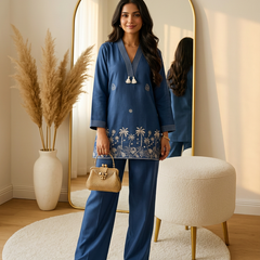 The Coastal Palm Co-ord: Slate Blue V-Neck Tunic Set with Tassels
