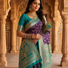 Royal Purple Art Silk Banarasi Saree with Peacock Blue Contrast Border & Blouse Piece