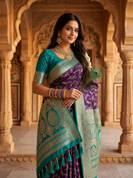 Royal Purple Art Silk Banarasi Saree with Peacock Blue Contrast Border & Blouse Piece