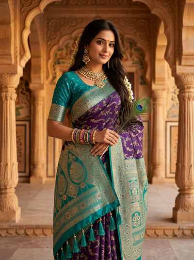 Royal Purple Art Silk Banarasi Saree with Peacock Blue Contrast Border & Blouse Piece
