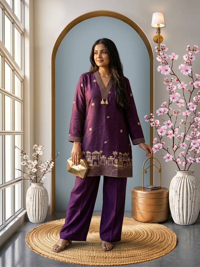 Heritage Elegance: Deep Purple Embroidered Kurta Co-ord Set with Tassels