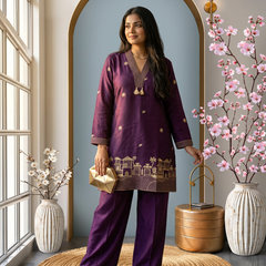 Heritage Elegance: Deep Purple Embroidered Kurta Co-ord Set with Tassels