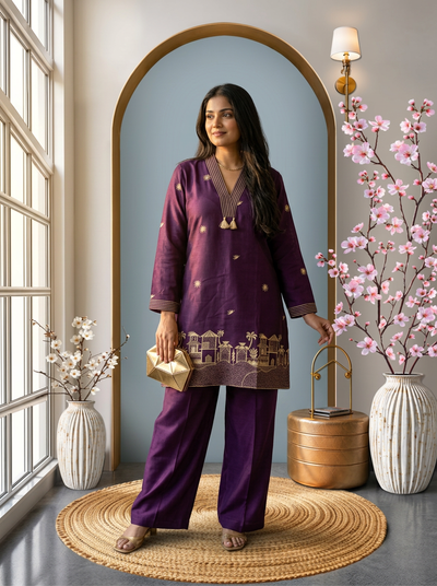 Heritage Elegance: Deep Purple Embroidered Kurta Co-ord Set with Tassels