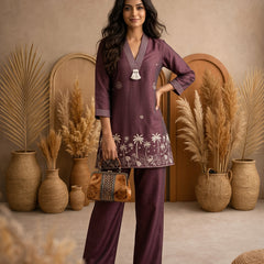 Plum Ochre Co-ord Set: Hand-Embroidered Tunic with Ivory Tassels & Pants