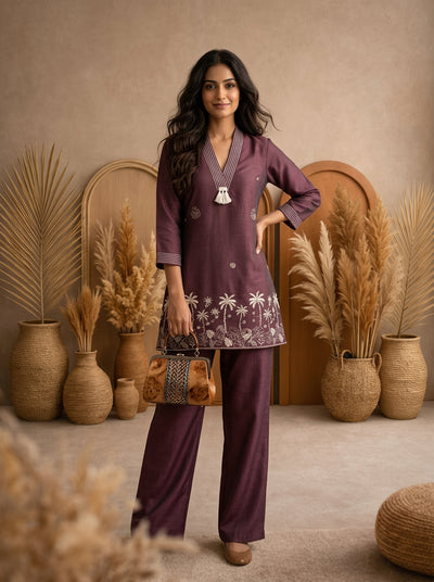 Plum Ochre Co-ord Set: Hand-Embroidered Tunic with Ivory Tassels & Pants