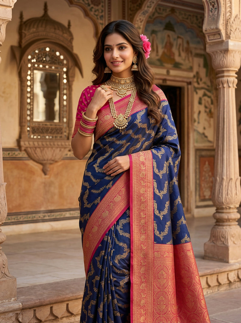 Royal Blue Art Silk Banarasi Saree with Magenta Pink Contrast Border & Blouse Piece
