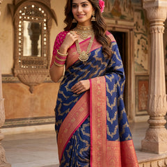 Royal Blue Art Silk Banarasi Saree with Magenta Pink Contrast Border & Blouse Piece