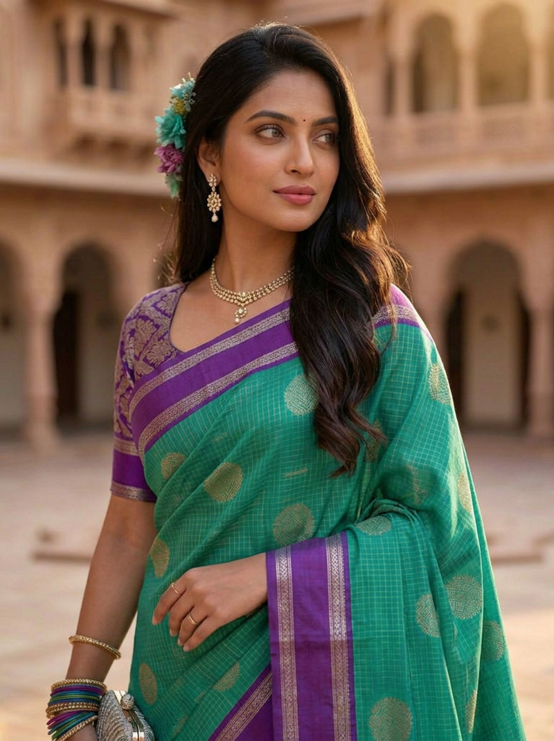The Emerald Green & Violet Banarasi Saree
