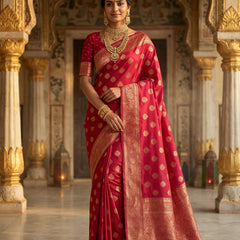 Rani Pink Banarasi Silk Saree with Golden Zari Butti Work, Traditional Woven Border & Rich Designer Pallu for Women