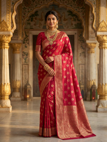 Rani Pink Banarasi Silk Saree with Golden Zari Butti Work, Traditional Woven Border & Rich Designer Pallu for Women