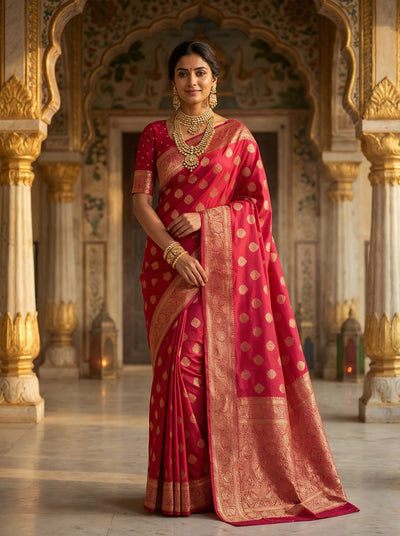 Rani Pink Banarasi Silk Saree with Golden Zari Butti Work, Traditional Woven Border & Rich Designer Pallu for Women