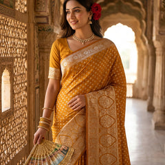 Mustard Yellow Banarasi Silk Saree with Golden Zari Butti Work, Woven Border & Rich Designer Pallu for Women