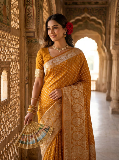 Mustard Yellow Banarasi Silk Saree with Golden Zari Butti Work, Woven Border & Rich Designer Pallu for Women