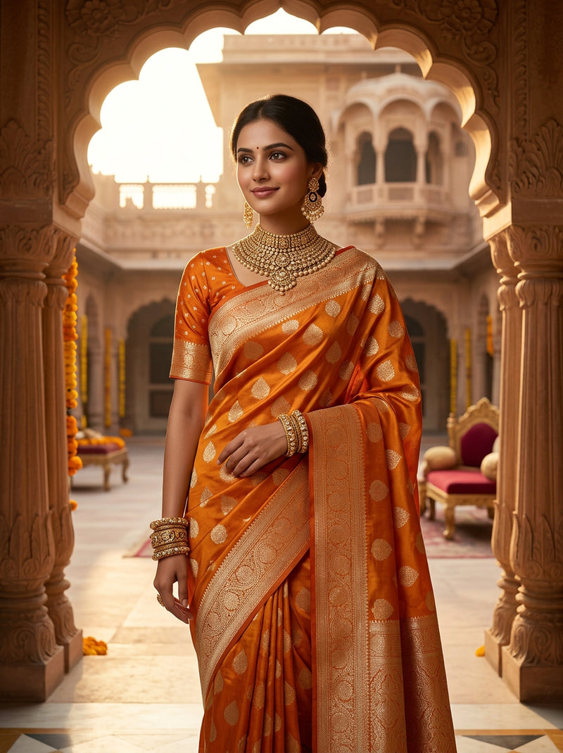 Orange Banarasi Silk Saree with Golden Zari Butti Work, Rich Woven Border & Traditional Designer Pallu for Women