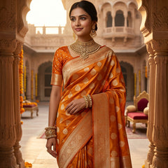 Orange Banarasi Silk Saree with Golden Zari Butti Work, Rich Woven Border & Traditional Designer Pallu for Women