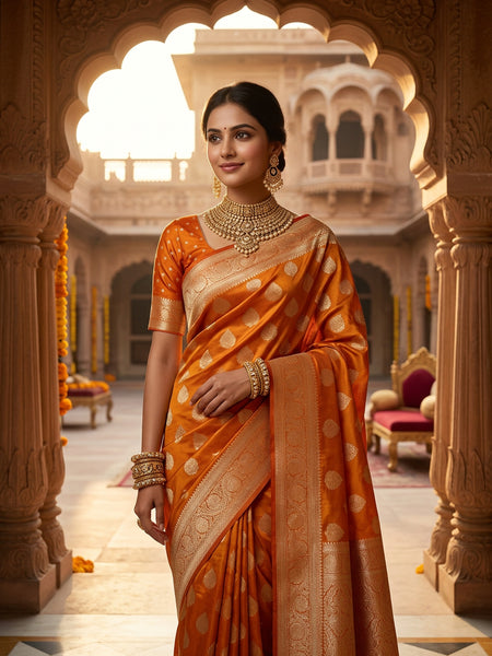Orange Banarasi Silk Saree with Golden Zari Butti Work, Rich Woven Border & Traditional Designer Pallu for Women