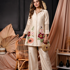 Ivory Floral Embroidered Shirt-Style Co-ord with Cutwork Sleeves