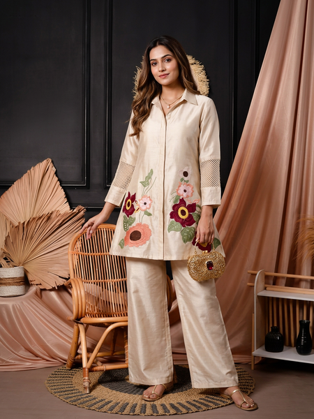 Ivory Floral Embroidered Shirt-Style Co-ord with Cutwork Sleeves