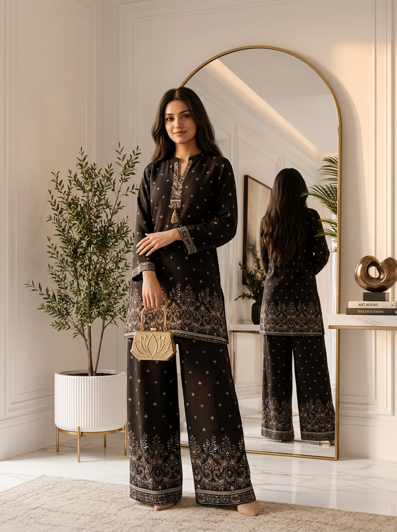 Black Border-Print Kurta Palazzo Co-ord Set