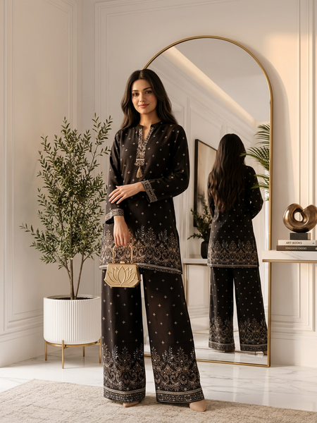 Black Border-Print Kurta Palazzo Co-ord Set