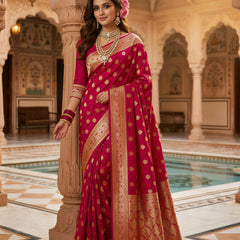Rani Pink Banarasi Silk Saree with Golden Zari Butti Work, Broad Woven Border & Rich Designer Pallu for Women