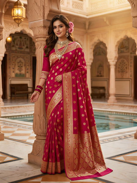 Rani Pink Banarasi Silk Saree with Golden Zari Butti Work, Broad Woven Border & Rich Designer Pallu for Women