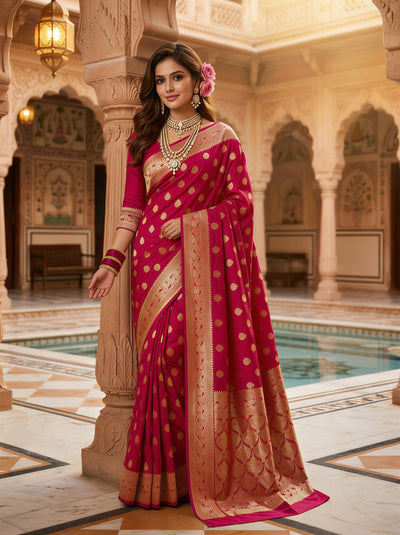 Rani Pink Banarasi Silk Saree with Golden Zari Butti Work, Broad Woven Border & Rich Designer Pallu for Women