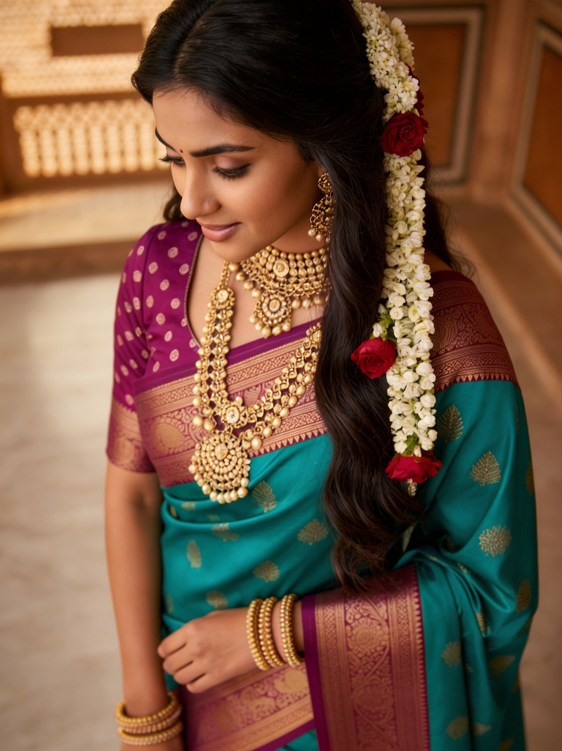 Peacock Blue & Royal Purple Motifs Banarasi Silk Saree