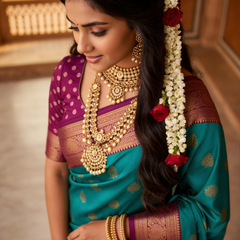 Peacock Blue & Royal Purple Motifs Banarasi Silk Saree