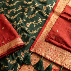 Majestic Bottle Green Banarasi Silk Saree with Crimson Red Contrast Border & Blouse Piece