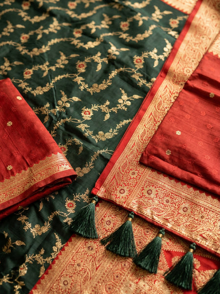 Majestic Bottle Green Banarasi Silk Saree with Crimson Red Contrast Border & Blouse Piece