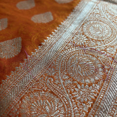 Orange Banarasi Silk Saree with Golden Zari Butti Work, Rich Woven Border & Traditional Designer Pallu for Women