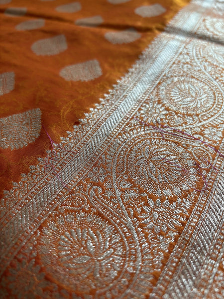 Orange Banarasi Silk Saree with Golden Zari Butti Work, Rich Woven Border & Traditional Designer Pallu for Women