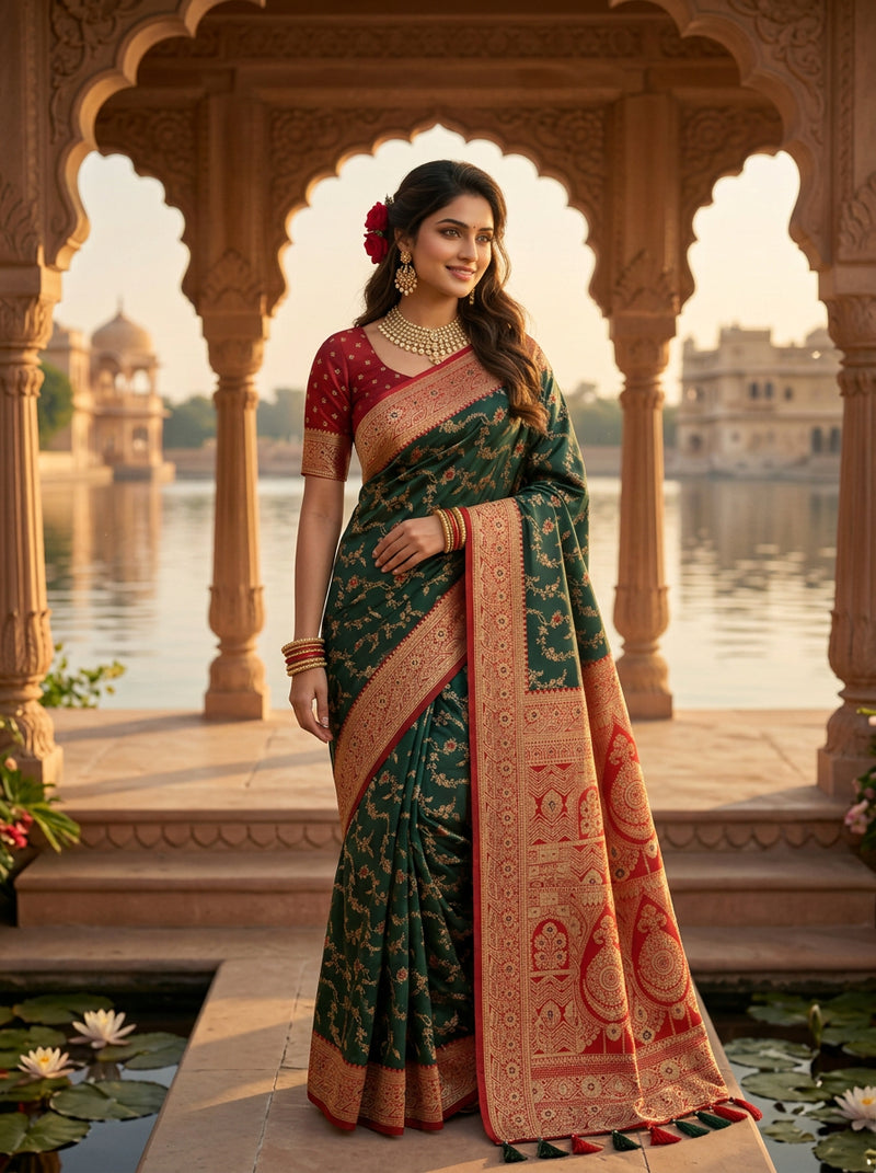 Majestic Bottle Green Banarasi Silk Saree with Crimson Red Contrast Border & Blouse Piece
