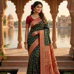 Majestic Bottle Green Banarasi Silk Saree with Crimson Red Contrast Border & Blouse Piece