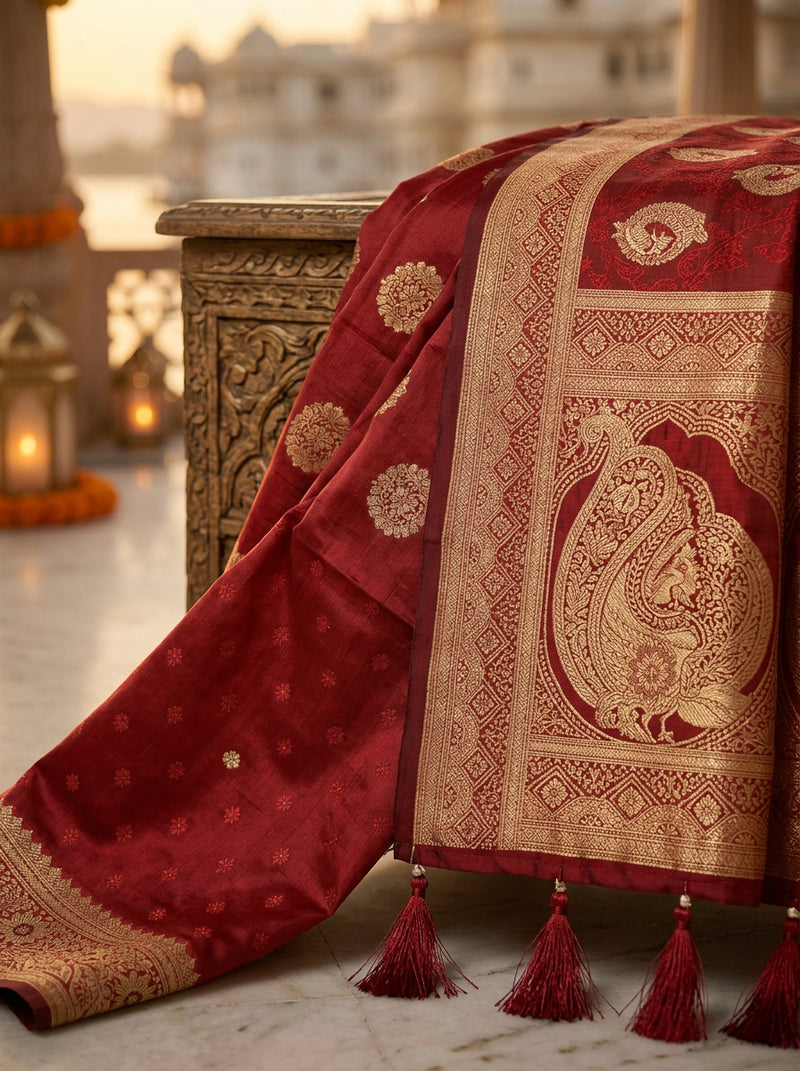Bridal Red Banarasi Silk Saree with Golden Paisley Zari Work, Rich Woven Border & Traditional Designer Pallu for Women