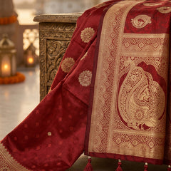 Bridal Red Banarasi Silk Saree with Golden Paisley Zari Work, Rich Woven Border & Traditional Designer Pallu for Women