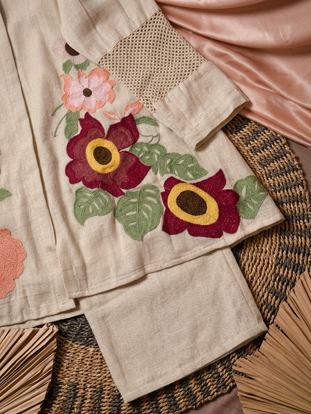 Ivory Floral Embroidered Shirt-Style Co-ord with Cutwork Sleeves