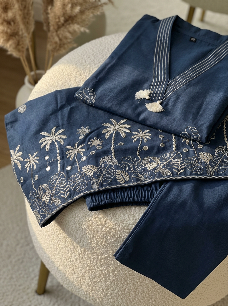 The Coastal Palm Co-ord: Slate Blue V-Neck Tunic Set with Tassels
