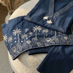 The Coastal Palm Co-ord: Slate Blue V-Neck Tunic Set with Tassels