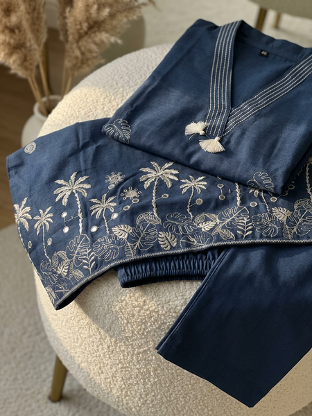 The Coastal Palm Co-ord: Slate Blue V-Neck Tunic Set with Tassels