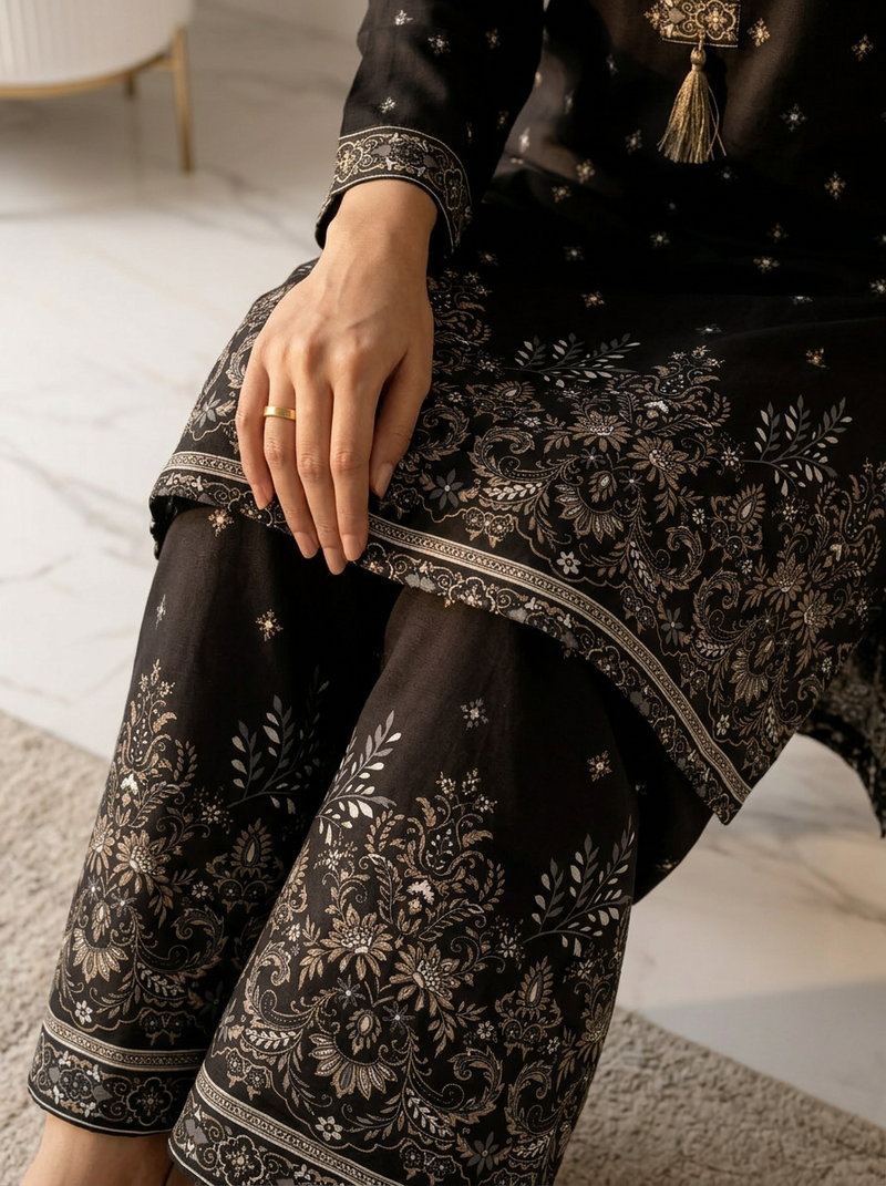 Black Border-Print Kurta Palazzo Co-ord Set