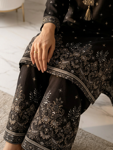 Black Border-Print Kurta Palazzo Co-ord Set